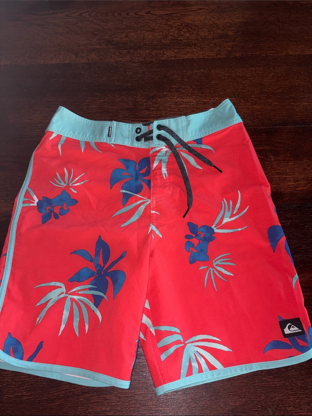 Quiksilver Red Floral Board Shorts with Light Blue Trim